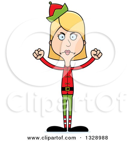 Clipart of a Cartoon Angry Tall Skinny White Christmas Elf Woman - Royalty Free Vector Illustration by Cory Thoman