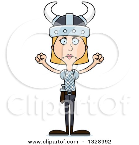Clipart of a Cartoon Angry Tall Skinny White Woman Viking - Royalty Free Vector Illustration by Cory Thoman