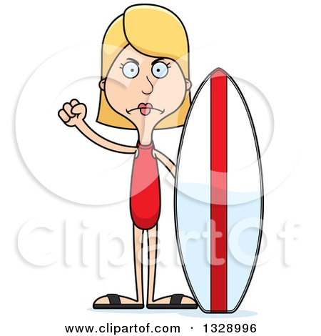 Clipart of a Cartoon Angry Tall Skinny White Woman Surfer - Royalty Free Vector Illustration by Cory Thoman