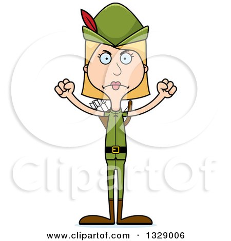 Clipart of a Cartoon Angry Tall Skinny White Robin Hood Woman - Royalty Free Vector Illustration by Cory Thoman