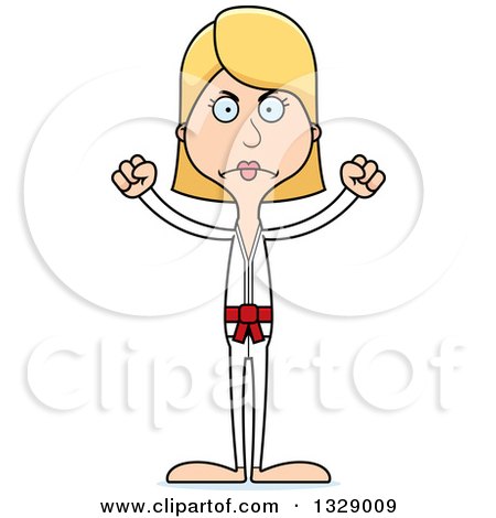 Clipart of a Cartoon Angry Tall Skinny White Karate Woman - Royalty Free Vector Illustration by Cory Thoman
