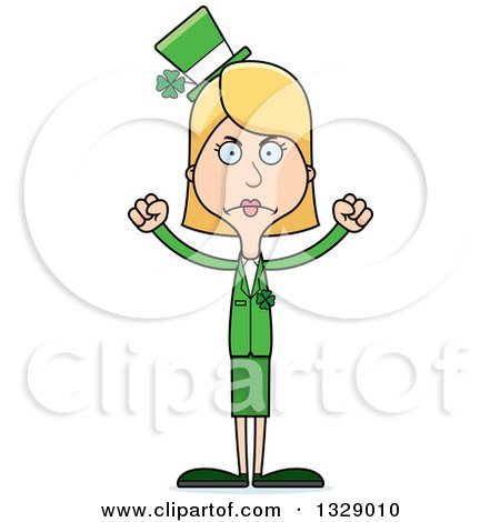 Clipart of a Cartoon Angry Tall Skinny White Irish St Patricks Day Woman - Royalty Free Vector Illustration by Cory Thoman