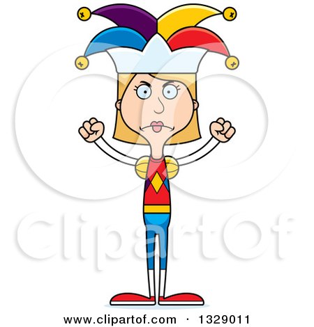 Clipart of a Cartoon Angry Tall Skinny White Woman Jester - Royalty Free Vector Illustration by Cory Thoman