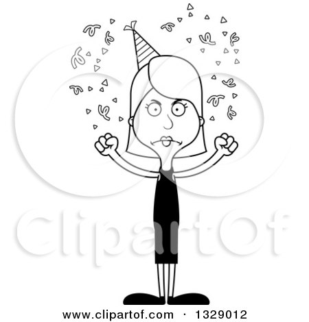 Lineart Clipart of a Cartoon Black and White Angry Tall Skinny White Party Woman - Royalty Free Outline Vector Illustration by Cory Thoman