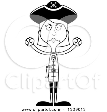 Lineart Clipart of a Cartoon Black and White Angry Tall Skinny White Woman Pirate - Royalty Free Outline Vector Illustration by Cory Thoman