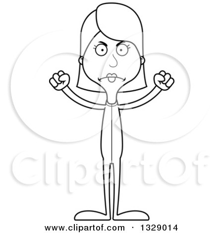 Lineart Clipart of a Cartoon Black and White Angry Tall Skinny White Woman in Footie Pajamas - Royalty Free Outline Vector Illustration by Cory Thoman