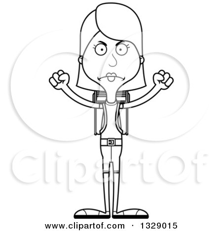 Lineart Clipart of a Cartoon Black and White Angry Tall Skinny White Woman Hiker - Royalty Free Outline Vector Illustration by Cory Thoman