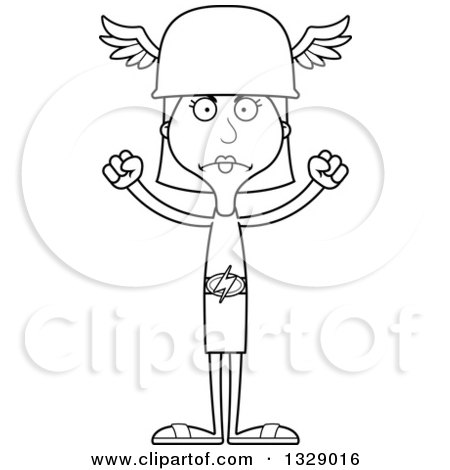 Lineart Clipart of a Cartoon Black and White Angry Tall Skinny White Hermes Woman - Royalty Free Outline Vector Illustration by Cory Thoman