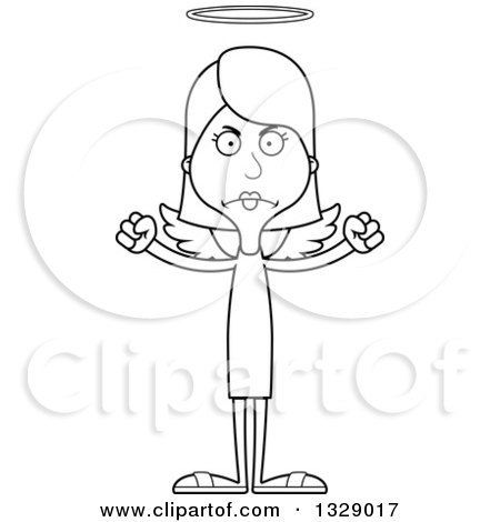 Lineart Clipart of a Cartoon Black and White Angry Tall Skinny White Woman Angel - Royalty Free Outline Vector Illustration by Cory Thoman