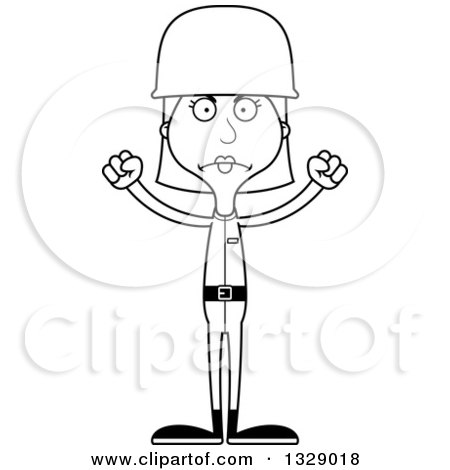 Lineart Clipart of a Cartoon Black and White Angry Tall Skinny White Army Soldier Woman - Royalty Free Outline Vector Illustration by Cory Thoman