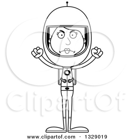 Lineart Clipart of a Cartoon Black and White Angry Tall Skinny White Woman Astronaut - Royalty Free Outline Vector Illustration by Cory Thoman