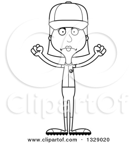 Lineart Clipart of a Cartoon Black and White Angry Tall Skinny White Woman Baseball Player - Royalty Free Outline Vector Illustration by Cory Thoman