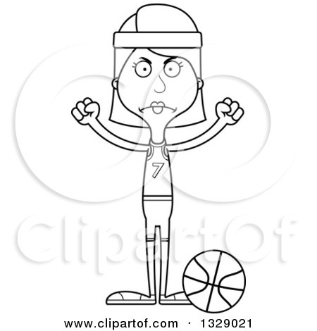 Lineart Clipart of a Cartoon Black and White Angry Tall Skinny White Woman Basketball Player - Royalty Free Outline Vector Illustration by Cory Thoman