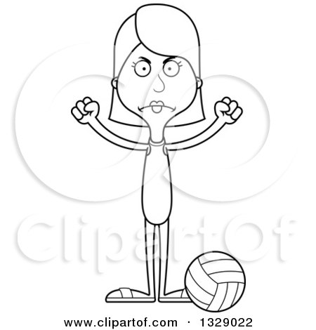 Lineart Clipart of a Cartoon Black and White Angry Tall Skinny White Woman Beach Volleyball Player - Royalty Free Outline Vector Illustration by Cory Thoman