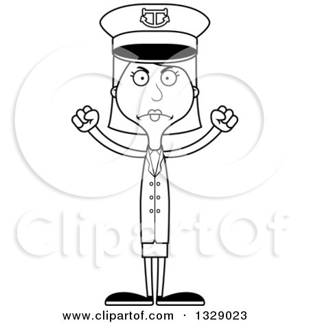 Lineart Clipart of a Cartoon Black and White Angry Tall Skinny White Woman Boat Captain - Royalty Free Outline Vector Illustration by Cory Thoman