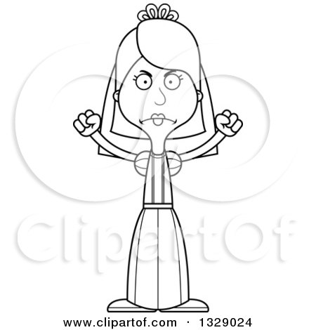 Lineart Clipart of a Cartoon Black and White Angry Tall Skinny White Woman Bride - Royalty Free Outline Vector Illustration by Cory Thoman