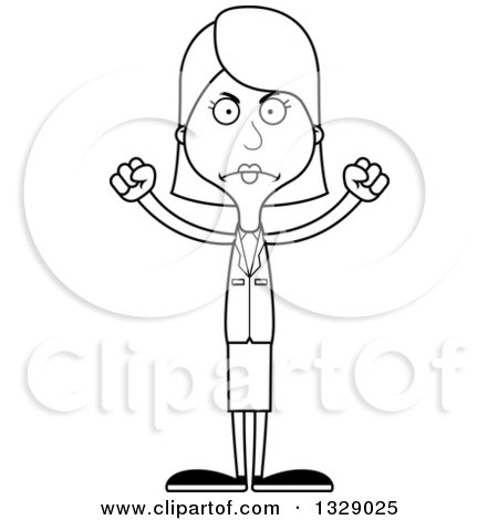 Lineart Clipart of a Cartoon Black and White Angry Tall Skinny White Business Woman - Royalty Free Outline Vector Illustration by Cory Thoman