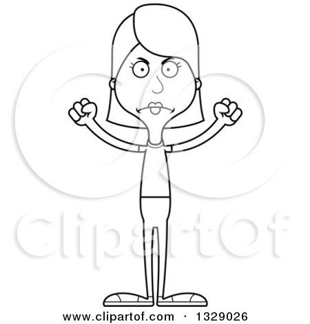 Lineart Clipart of a Cartoon Black and White Angry Tall Skinny White Casual Woman - Royalty Free Outline Vector Illustration by Cory Thoman
