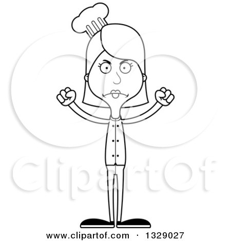 Lineart Clipart of a Cartoon Black and White Angry Tall Skinny White Woman Chef - Royalty Free Outline Vector Illustration by Cory Thoman