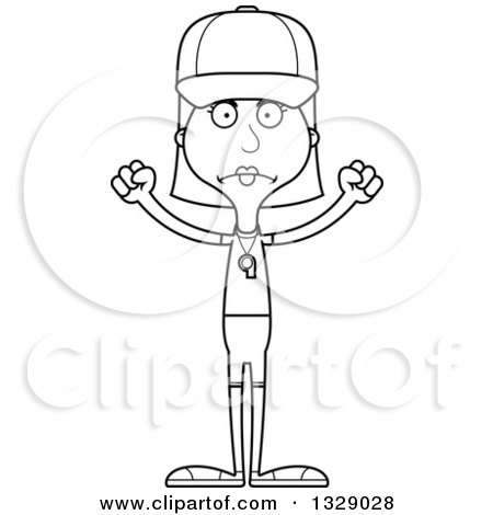 Lineart Clipart of a Cartoon Black and White Angry Tall Skinny White Woman Sports Coach - Royalty Free Outline Vector Illustration by Cory Thoman
