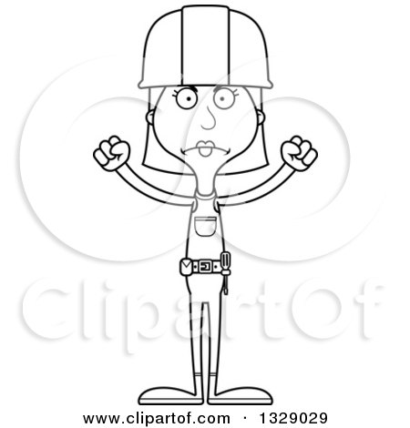 Lineart Clipart of a Cartoon Black and White Angry Tall Skinny White Woman Construction Worker - Royalty Free Outline Vector Illustration by Cory Thoman