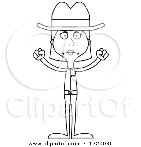 Lineart Clipart of a Cartoon Black and White Angry Tall Skinny White Cowgirl Woman - Royalty Free Outline Vector Illustration by Cory Thoman