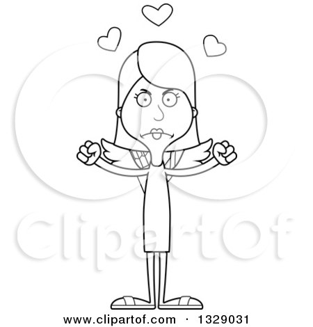 Lineart Clipart of a Cartoon Black and White Angry Tall Skinny White Woman Cupid - Royalty Free Outline Vector Illustration by Cory Thoman