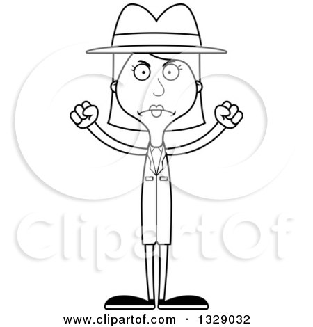 Lineart Clipart of a Cartoon Black and White Angry Tall Skinny White Woman Detective - Royalty Free Outline Vector Illustration by Cory Thoman