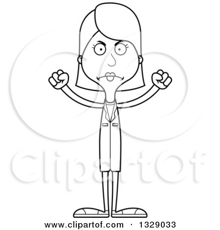 Lineart Clipart of a Cartoon Black and White Angry Tall Skinny White Woman Doctor - Royalty Free Outline Vector Illustration by Cory Thoman