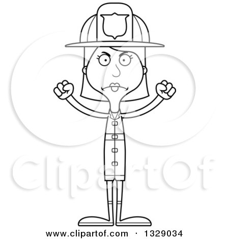 Lineart Clipart of a Cartoon Black and White Angry Tall Skinny White Woman Firefighter - Royalty Free Outline Vector Illustration by Cory Thoman