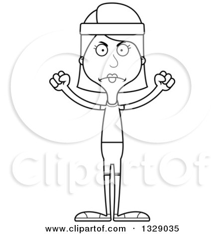 Lineart Clipart of a Cartoon Black and White Angry Tall Skinny White Fit Woman - Royalty Free Outline Vector Illustration by Cory Thoman