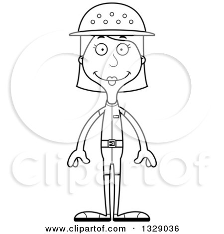 Lineart Clipart of a Cartoon Black and White Happy Tall Skinny White Woman Zookeeper - Royalty Free Outline Vector Illustration by Cory Thoman
