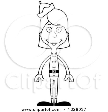 Lineart Clipart of a Cartoon Black and White Happy Tall Skinny White Christmas Elf Woman - Royalty Free Outline Vector Illustration by Cory Thoman