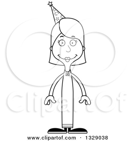 Lineart Clipart of a Cartoon Black and White Happy Tall Skinny White Wizard Woman - Royalty Free Outline Vector Illustration by Cory Thoman