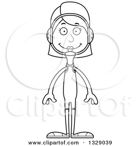 Lineart Clipart of a Cartoon Black and White Happy Tall Skinny White Woman Wrestler - Royalty Free Outline Vector Illustration by Cory Thoman