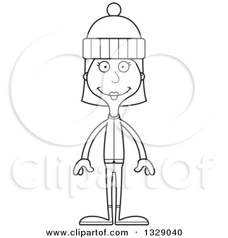 Lineart Clipart of a Cartoon Black and White Happy Tall Skinny White Woman in Winter Clothes - Royalty Free Outline Vector Illustration by Cory Thoman