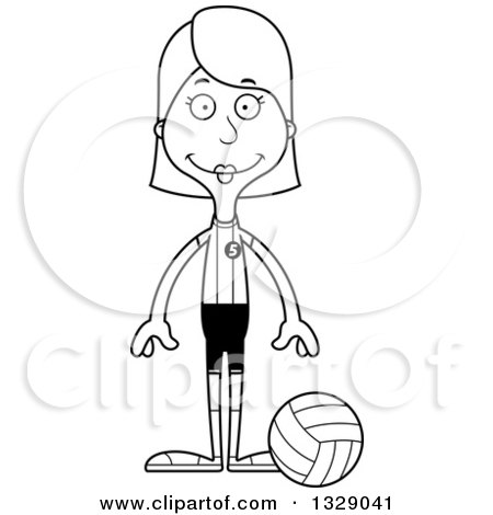 Lineart Clipart of a Cartoon Black and White Happy Tall Skinny White Woman Volleyball Player - Royalty Free Outline Vector Illustration by Cory Thoman