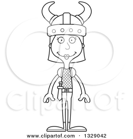 Lineart Clipart of a Cartoon Black and White Happy Tall Skinny White Woman Viking - Royalty Free Outline Vector Illustration by Cory Thoman