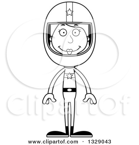 Lineart Clipart of a Cartoon Black and White Happy Tall Skinny White Woman Race Car Driver - Royalty Free Outline Vector Illustration by Cory Thoman