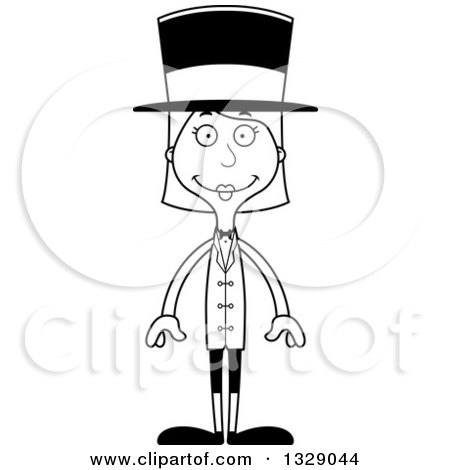 Lineart Clipart of a Cartoon Black and White Happy Tall Skinny White Woman Circus Ringmaster - Royalty Free Outline Vector Illustration by Cory Thoman