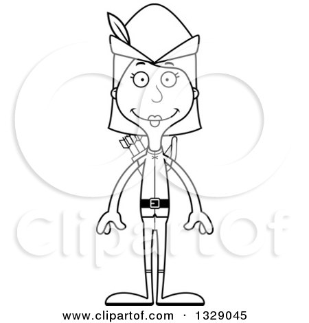 Lineart Clipart of a Cartoon Black and White Happy Tall Skinny White Robin Hood Woman - Royalty Free Outline Vector Illustration by Cory Thoman
