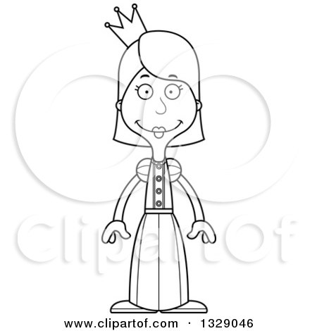 Lineart Clipart of a Cartoon Black and White Happy Tall Skinny White Woman Princess - Royalty Free Outline Vector Illustration by Cory Thoman