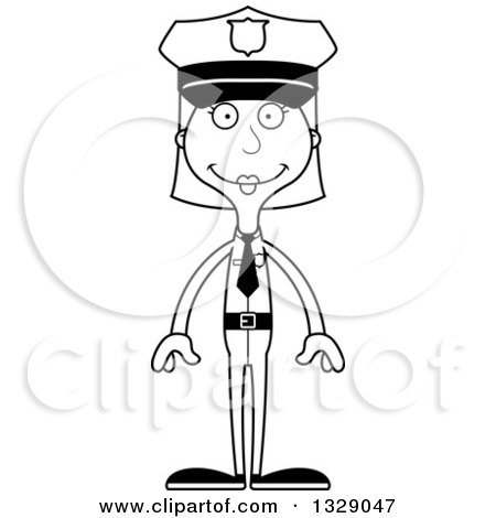 Lineart Clipart of a Cartoon Black and White Happy Tall Skinny White Woman Police Officer - Royalty Free Outline Vector Illustration by Cory Thoman