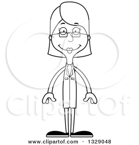 Lineart Clipart of a Cartoon Black and White Happy Tall Skinny White Woman Scientist - Royalty Free Outline Vector Illustration by Cory Thoman