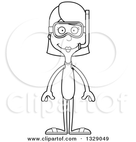 Lineart Clipart of a Cartoon Black and White Happy Tall Skinny White Woman in Snorkel Gear - Royalty Free Outline Vector Illustration by Cory Thoman