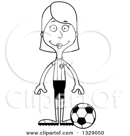 Lineart Clipart of a Cartoon Black and White Happy Tall Skinny White Woman Soccer Player - Royalty Free Outline Vector Illustration by Cory Thoman
