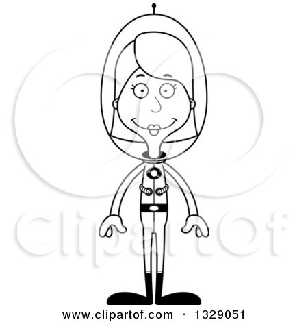 Lineart Clipart of a Cartoon Black and White Happy Tall Skinny White Futuristic Space Woman - Royalty Free Outline Vector Illustration by Cory Thoman