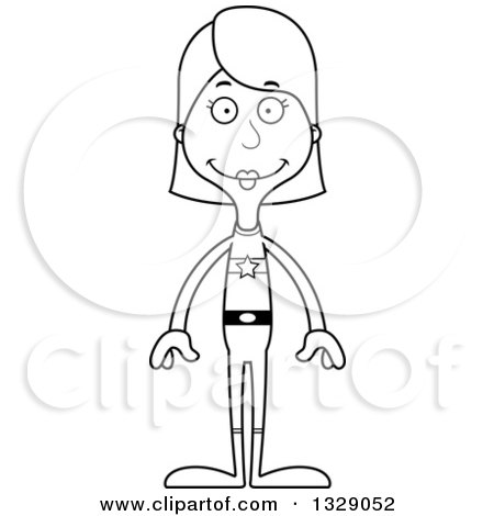 Lineart Clipart of a Cartoon Black and White Happy Tall Skinny White Super Woman - Royalty Free Outline Vector Illustration by Cory Thoman