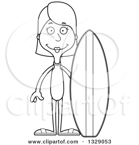 Lineart Clipart of a Cartoon Black and White Happy Tall Skinny White Woman Surfer - Royalty Free Outline Vector Illustration by Cory Thoman