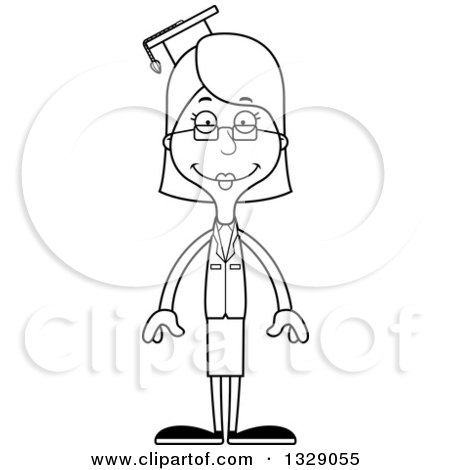 Lineart Clipart of a Cartoon Black and White Happy Tall Skinny White Woman Professor - Royalty Free Outline Vector Illustration by Cory Thoman